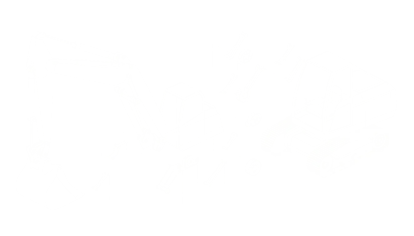 Wide exploded-view blueprint drawing of a toy excavator with boom, tracks and cab
